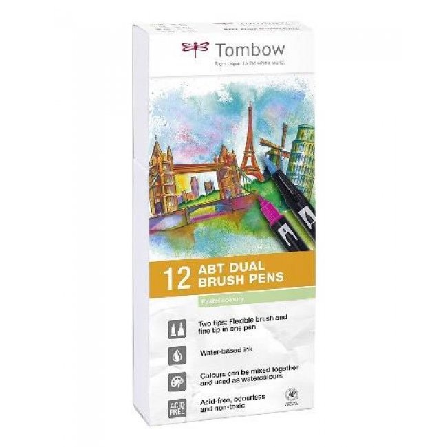 Tombow ABT de 12P de 2 rotuladores Dual Brush Pen con dos puntas. Juego de 12, color pastel