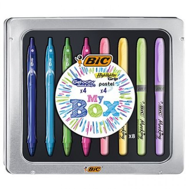Caja metálica  Bic 4 bolígrafos Gel-ocity + 4 marcadores Highlighter Grip Pastel