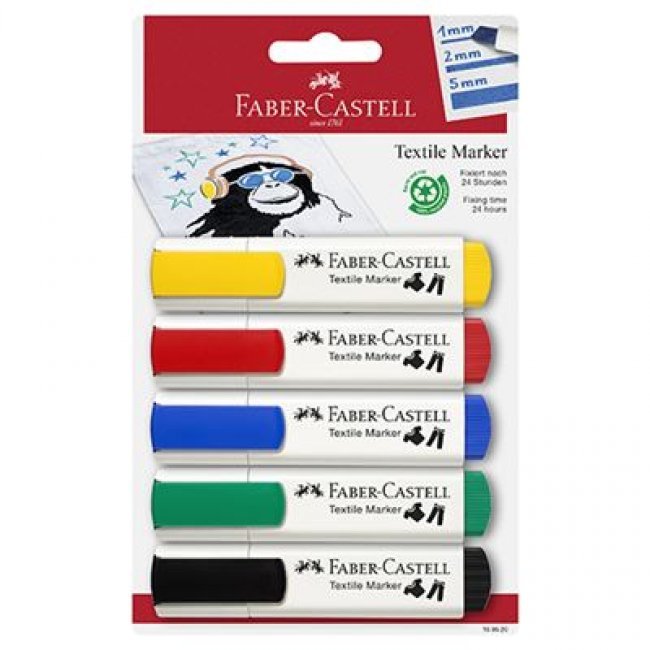 Blíster 5 marcadores textiles Faber-Castell colores básicos
