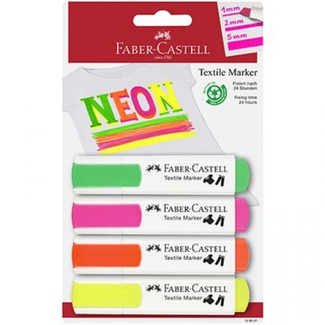Blíster 4 marcadores textiles Faber-Castell colores neón