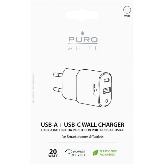 Cargador de viaje rápido Puro USB-A/USB-C 20 W Blanco