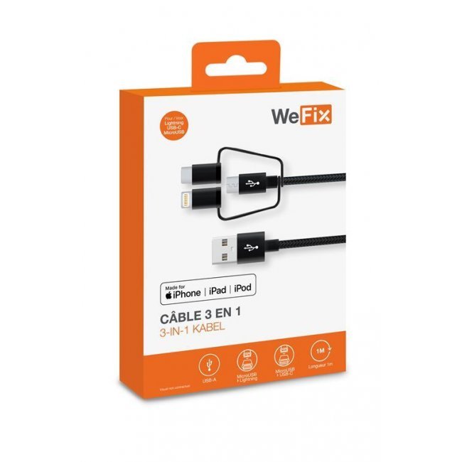 Cable Wefix 3 en 1 para iPhone/iPad Negro