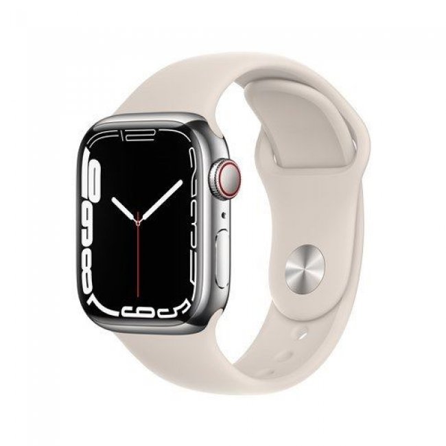 Apple Watch S7 41 mm LTE Caja de acero inoxidable plata y correa deportiva blanco estrella