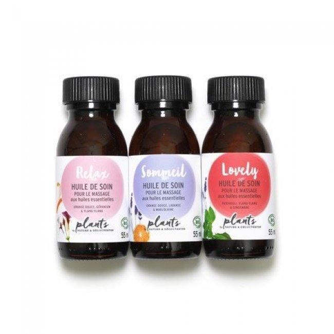 Caja de 3 aceites de masaje orgánicos Relax, Sommeis y Lovely