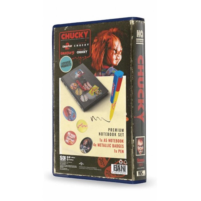 Set Chucky VHS Libreta + Bolígrafo + 4 pins