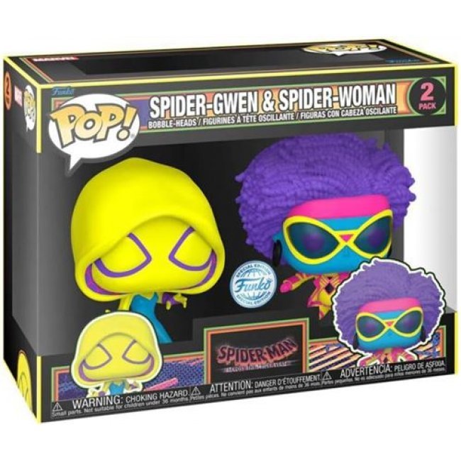 Set 2 figuras Funko Marvel Spiderman Across The Spiderverse Spider-Gwen y Spider-Woman Black Light Exclusiva FNAC 10cm