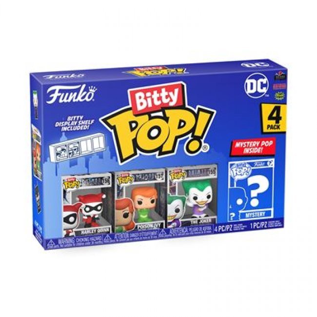 Set 4 figuras Funko Bitty Pop DC Harley + Ivy + Joker + Figura Sorpresa 2cm