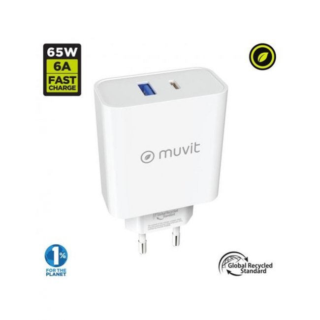 Cargadodr de pared Muvit for Change USB-C / USB-A 65W Blanco