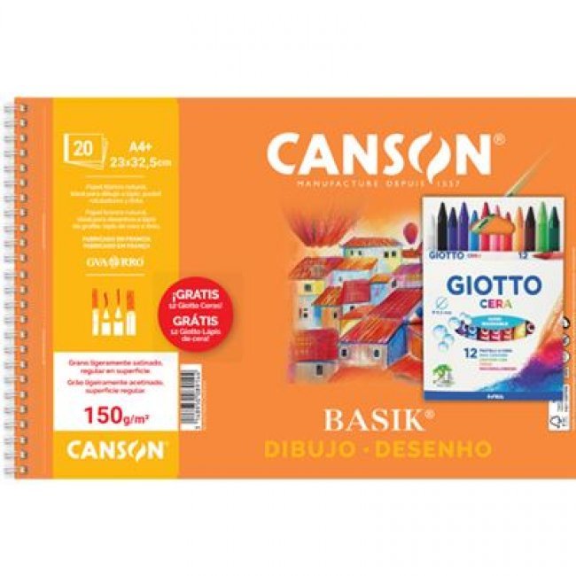 Bloc de Dibujo A4 Canson Guarro Basik Liso 20 hojas 150g + 12 Ceras Giotto