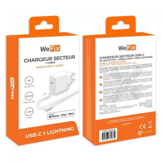 Cargador Wefix 30W Blanco + Cable Lightning 1 m