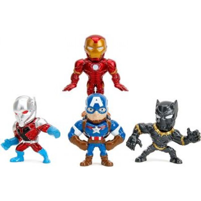 Set de 4 figuras Jada Metal Marvel Los Vengadores Iron Man, Capitán América, Black Panther, Antman 7cm