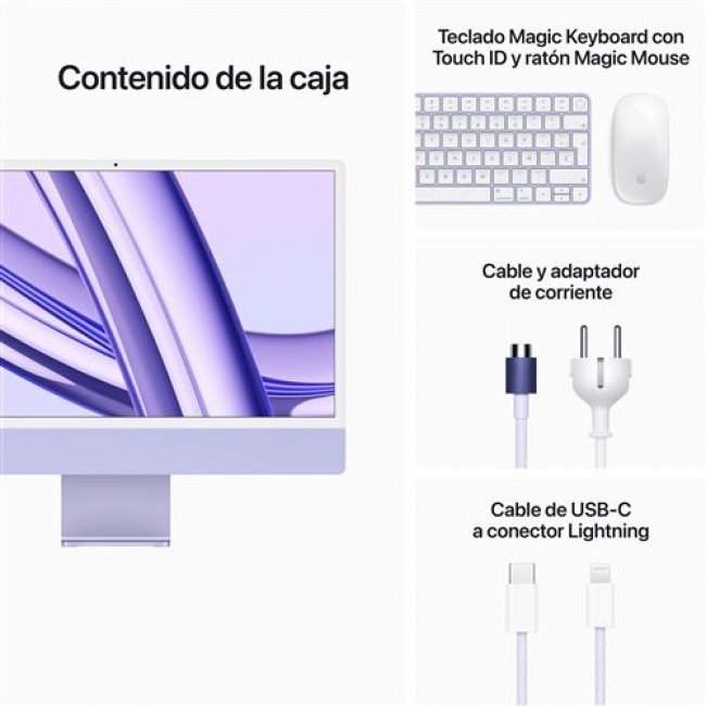 iMac con Pantalla Retina 24'' 4,5K M3 CPU 8, GPU 10, 8GB RAM, 512GB SSD, Púrpura