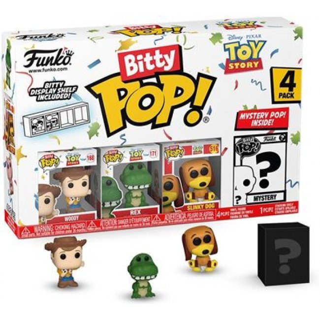 Set 4 figuras Funko Bitty Pop Toy Story Woody + Rex + Slinky Dog + Figura sorpresa 2cm