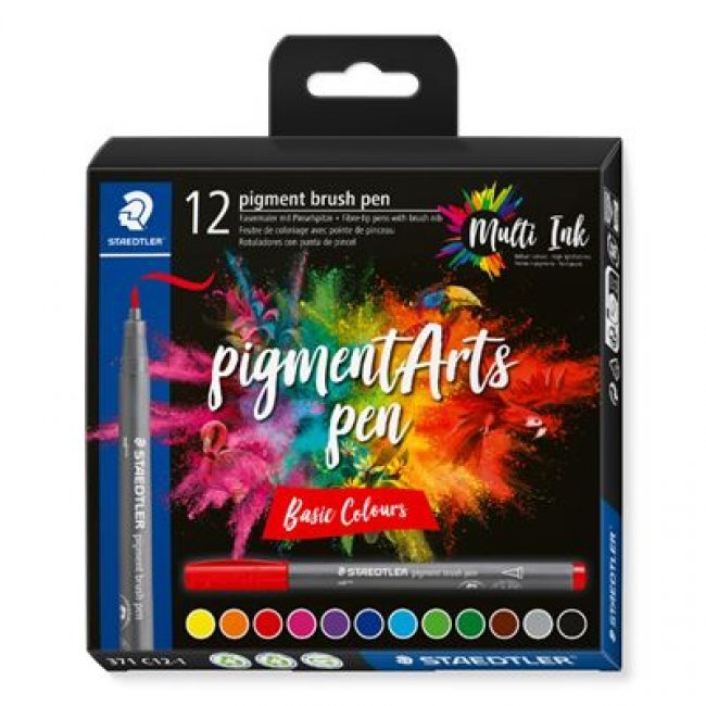 Estuche con 12 rotuladores STAEDTLER Pigment Arts con punta pincel colores básicos