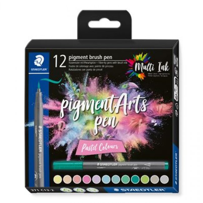 Estuche con 12 rotuladores STAEDTLER Pigment Arts con punta pincel colores pastel