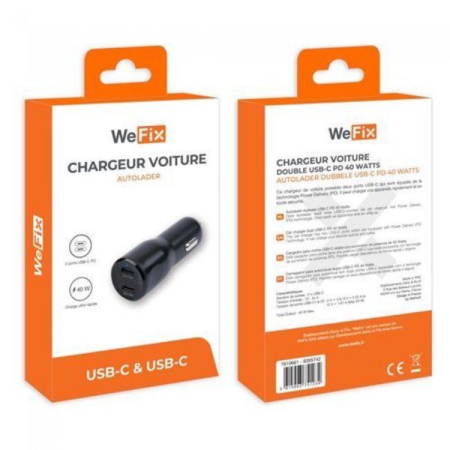Wefix Cargador doble USB-C para mechero de coche 40 W Negro