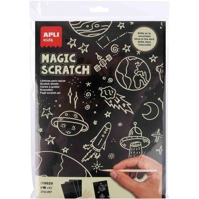 8 láminas para rascar Apli Magic Scratch Glow in the dark