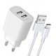 Cargador enchufe Icoveri 2x Puertos USB ZX-2U2B 220 V-2.4A + Cable USB-C Blanco